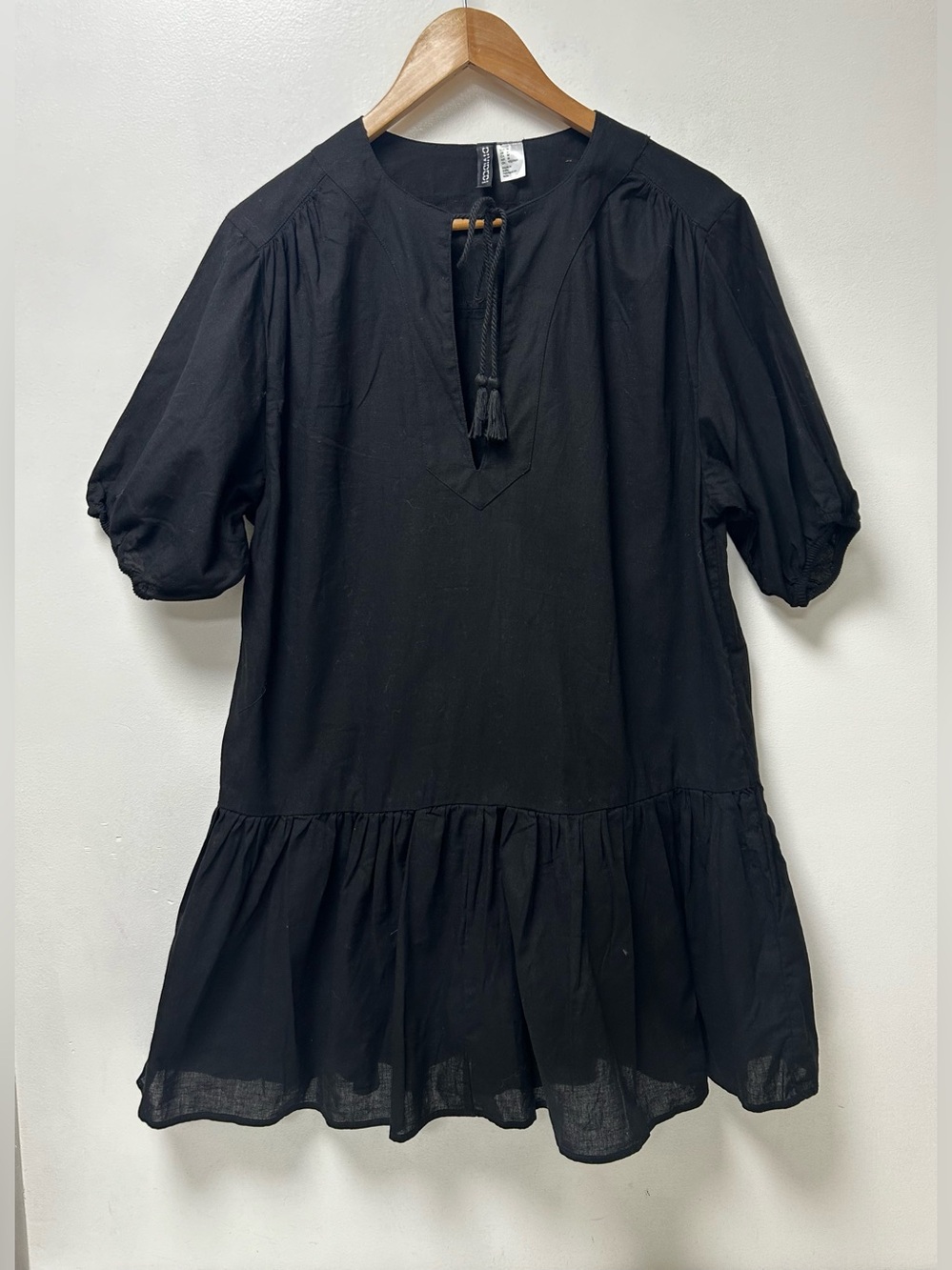 H&M Black Cotton Linen Blend Puff Sleeve Ruffleโ Mini Dress Size M Like New